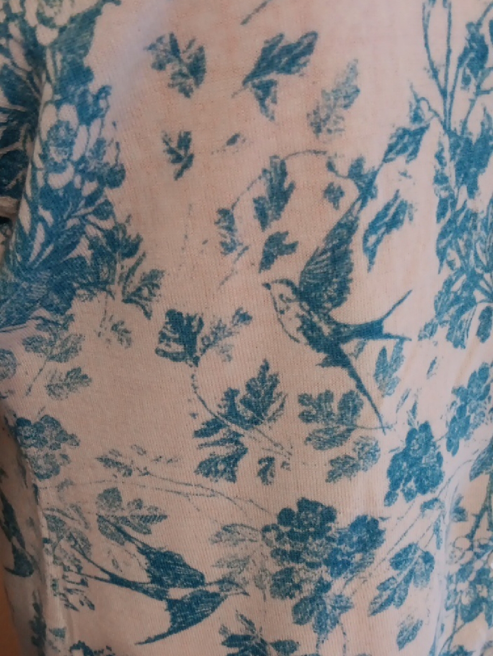 Garnet Hill White Cardigan with Teal Blue Floral & Bird Toile Print, XL, NWOT - Picture 2 of 8